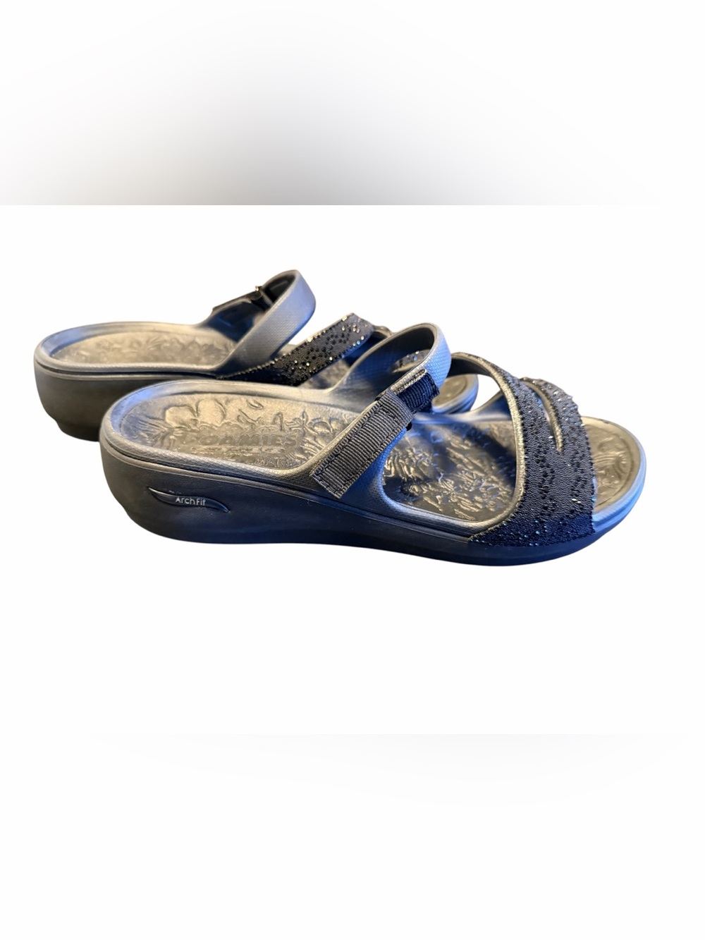 Foamies by Skechers Black Women's Arch Fit Glitter-Strap Sandals Size 8M